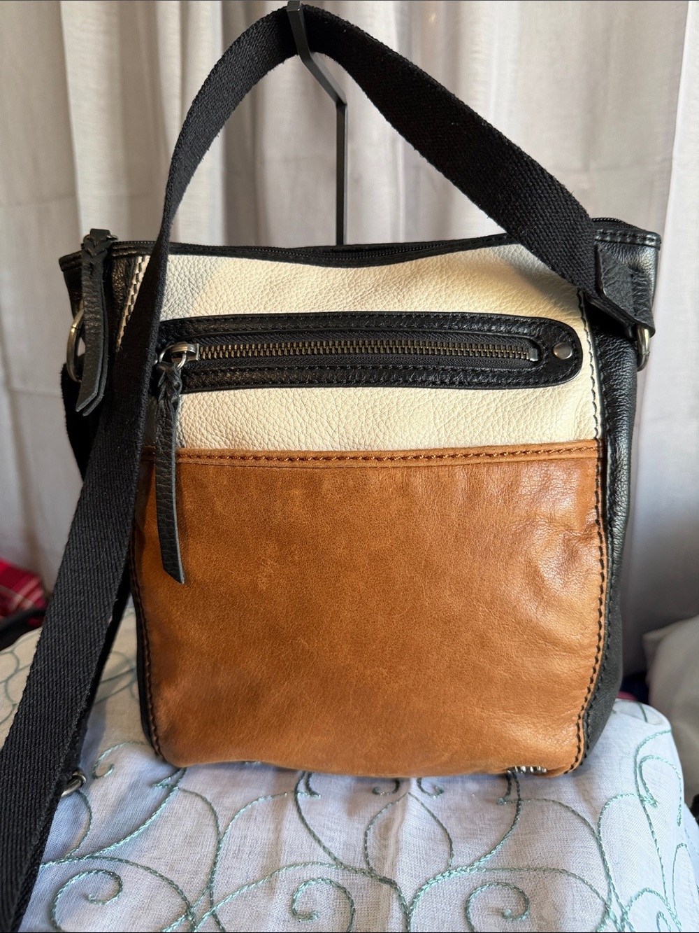 The Sak Tri-Color Leather Crossbody in Brown, Cream & Black